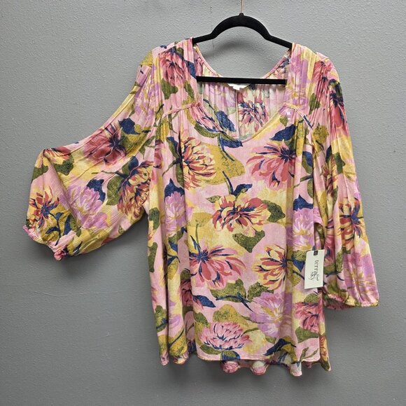 Unknown Tops - Terra & Sky Blouse Womens Plus 2X Pink Floral Poet Sleeve Boho Lightweight Top